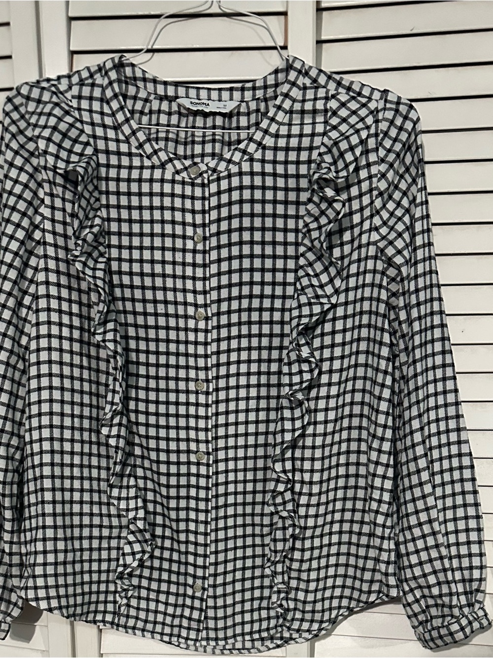 Sonoma Black and White Plaid Ruffle Button-Front Blouse